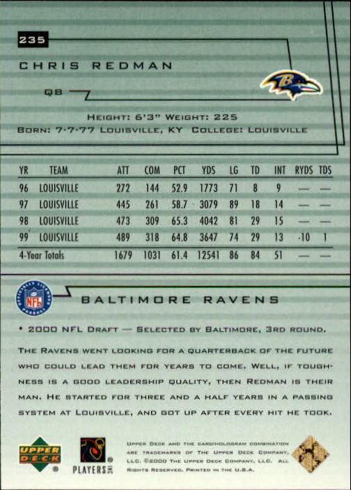 2000 Upper Deck Encore #235 Chris Redman RC back image