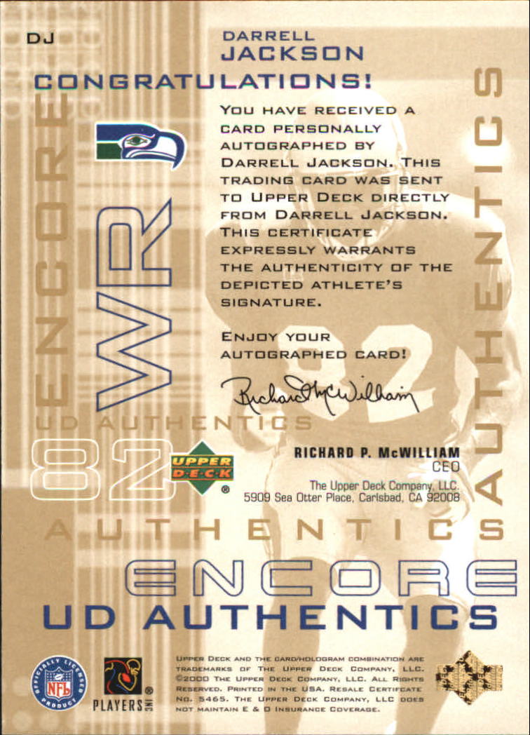 2000 Upper Deck Encore UD Authentics #DJ Darrell Jackson back image