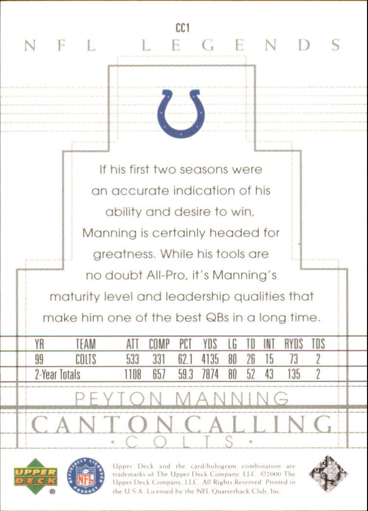 2000 Upper Deck Legends Canton Calling #CC1 Peyton Manning back image