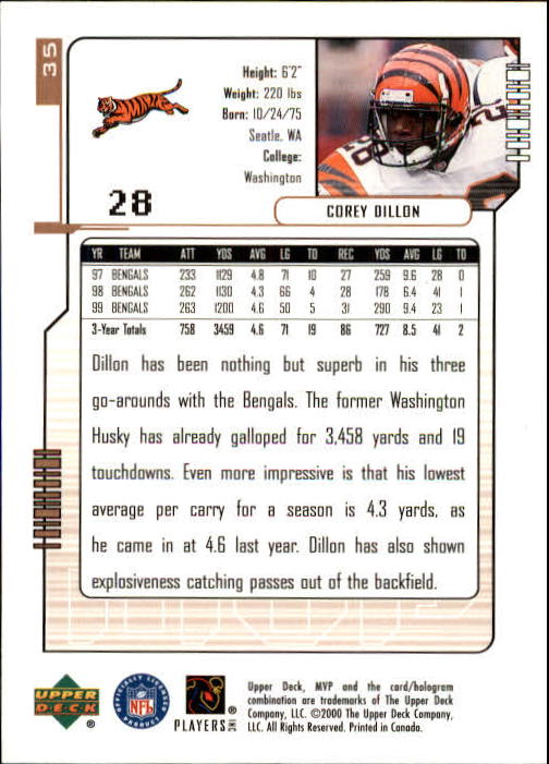 2000 Upper Deck MVP #35 Corey Dillon back image