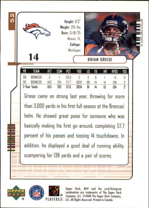 2000 Upper Deck MVP #52 Brian Griese back image