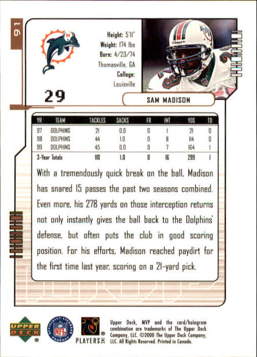2000 Upper Deck MVP #91 Sam Madison back image