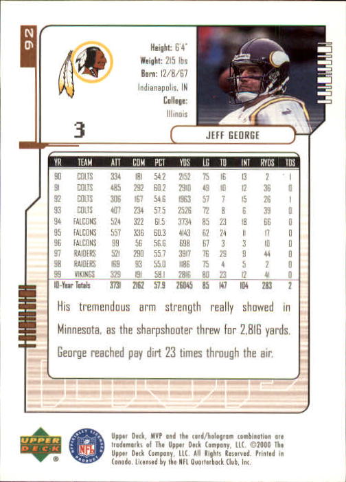 2000 Upper Deck MVP #92 Jeff George back image