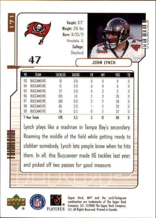 2000 Upper Deck MVP #171 John Lynch back image