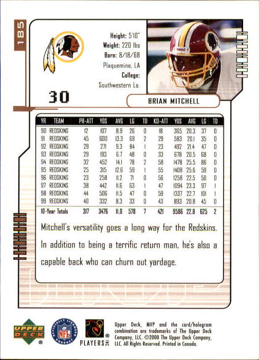 2000 Upper Deck MVP #185 Brian Mitchell back image