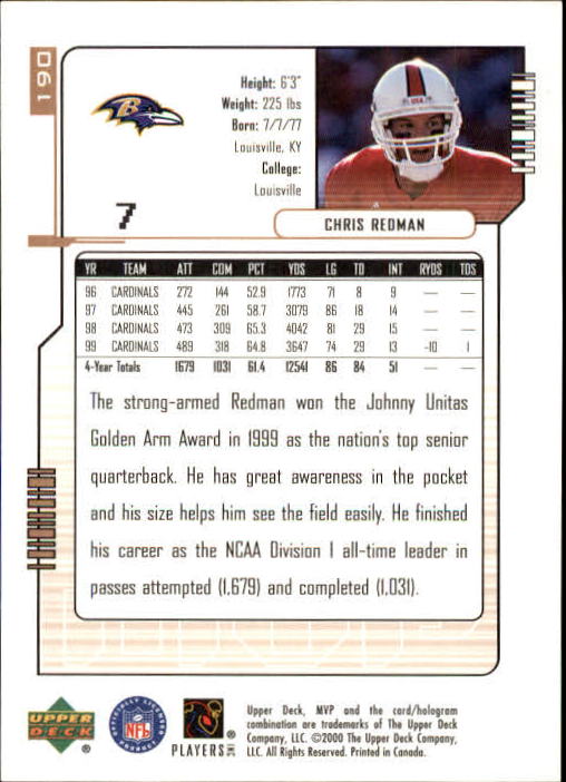 2000 Upper Deck MVP #190 Chris Redman RC back image
