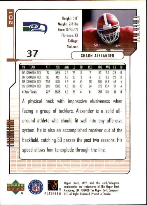 2000 Upper Deck MVP #201 Shaun Alexander RC back image