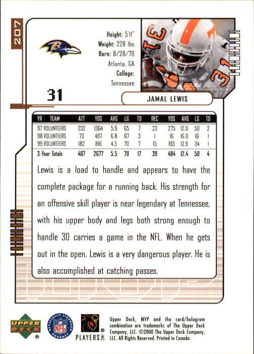 2000 Upper Deck MVP #207 Jamal Lewis RC back image