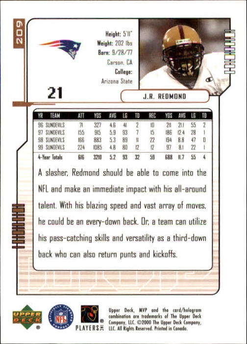 2000 Upper Deck MVP #209 J.R. Redmond RC back image