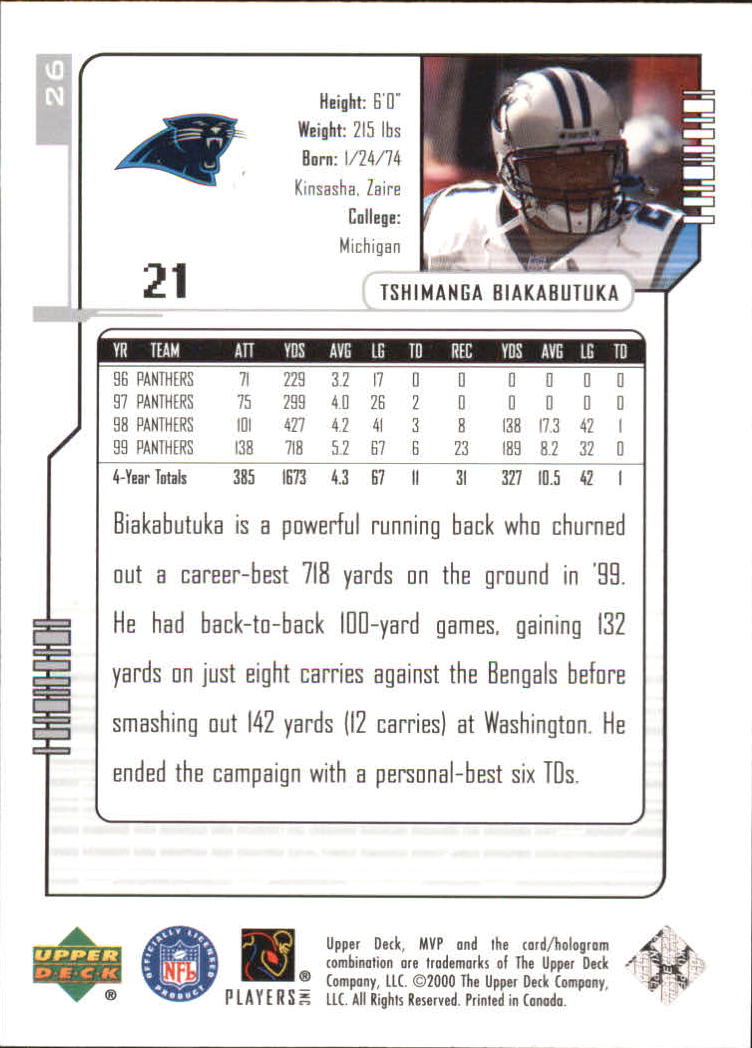 2000 Upper Deck MVP Silver Script #26 Tim Biakabutuka back image