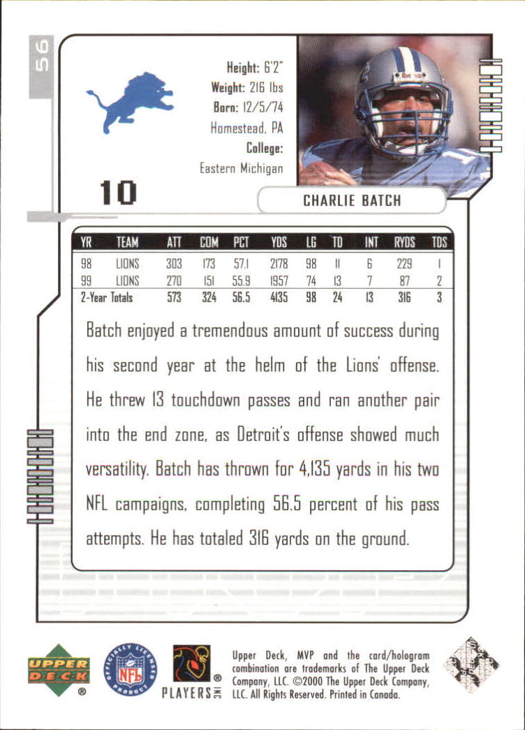 2000 Upper Deck MVP Silver Script #56 Charlie Batch back image