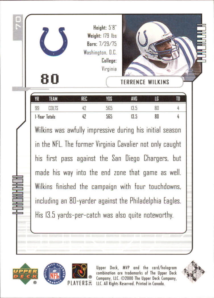 2000 Upper Deck MVP Silver Script #70 Terrence Wilkins back image