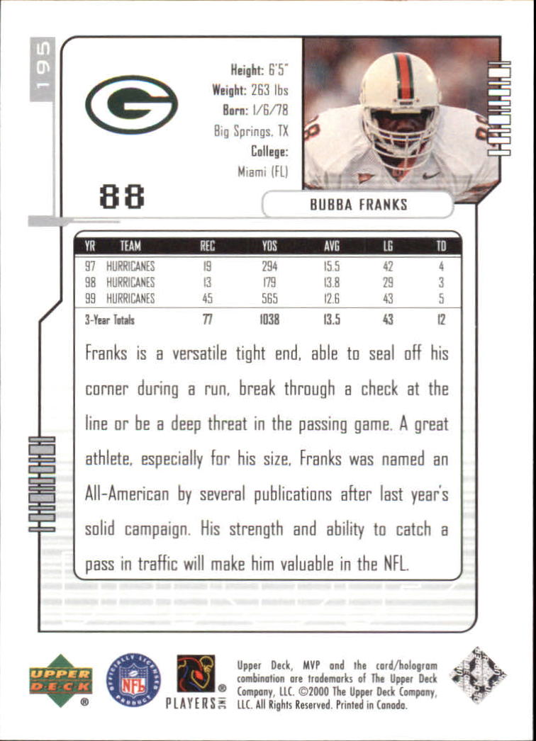 2000 Upper Deck MVP Silver Script #195 Bubba Franks back image