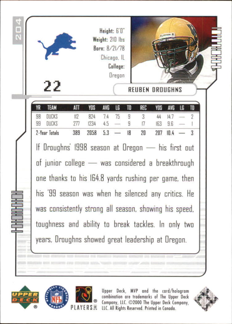 2000 Upper Deck MVP Silver Script #204 Reuben Droughns back image