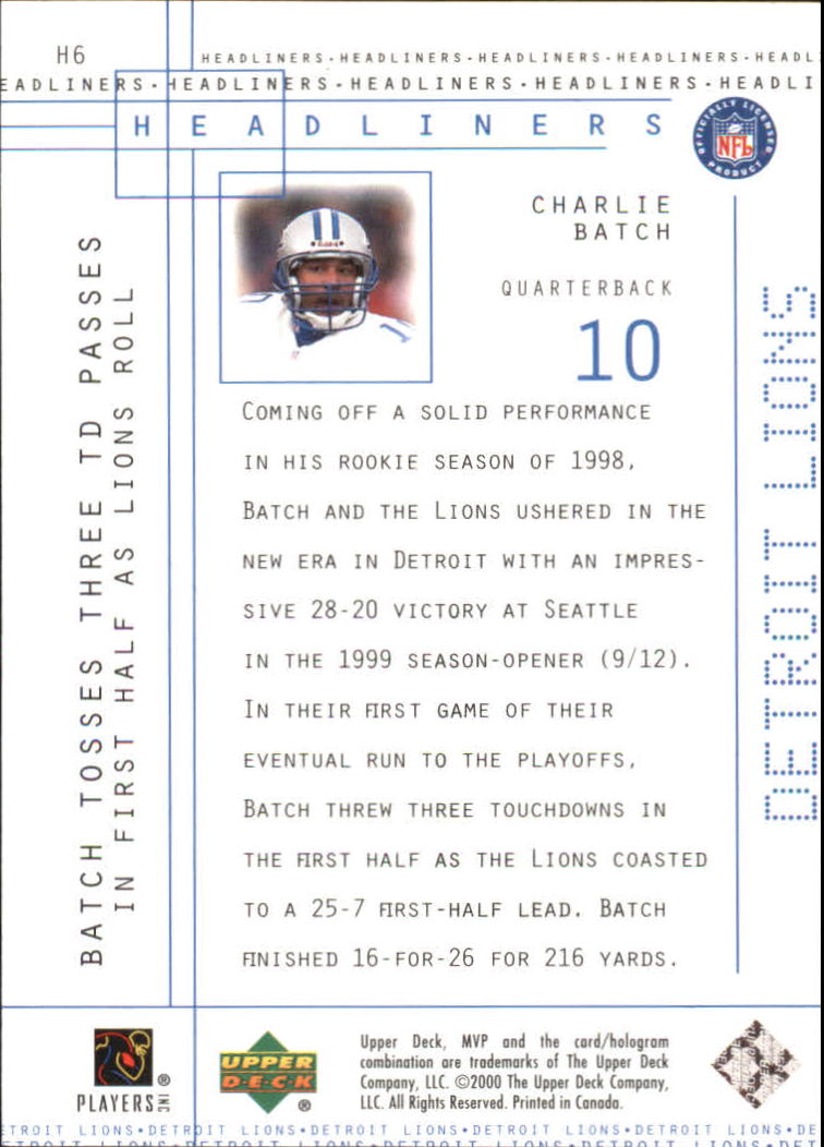 2000 Upper Deck MVP Headliners #H6 Charlie Batch back image