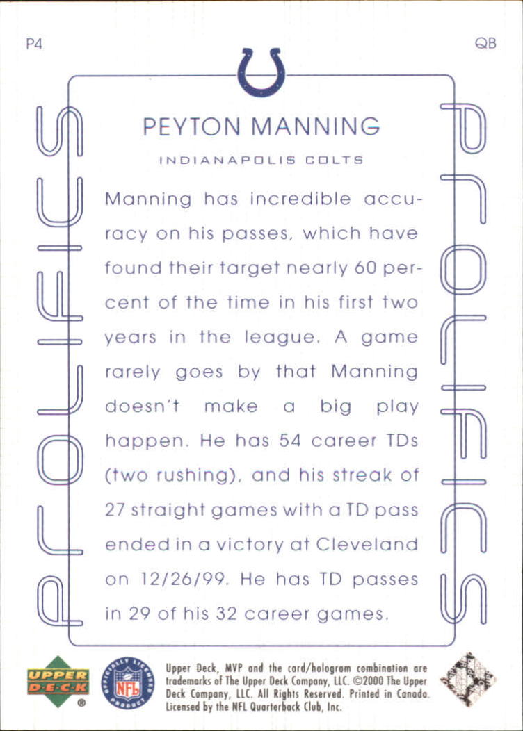 2000 Upper Deck MVP Prolifics #P4 Peyton Manning back image
