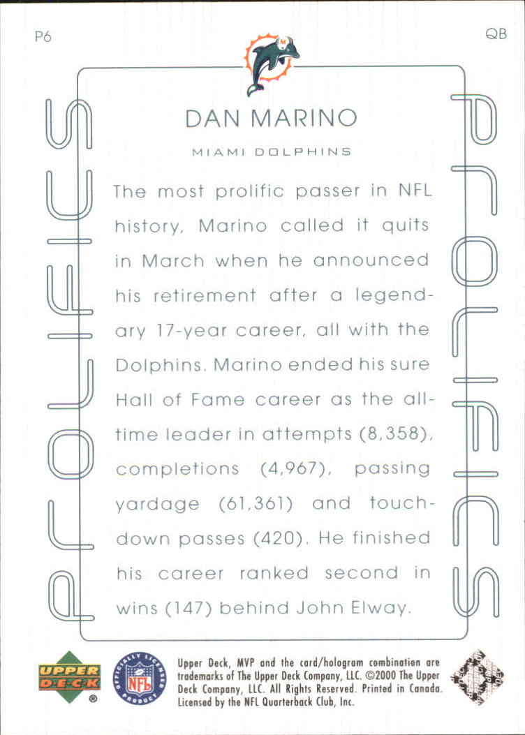 2000 Upper Deck MVP Prolifics #P6 Dan Marino back image