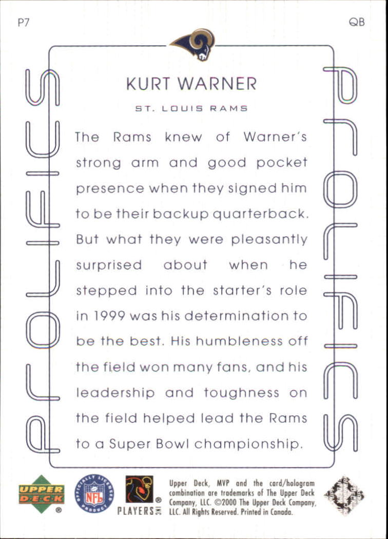2000 Upper Deck MVP Prolifics #P7 Kurt Warner back image