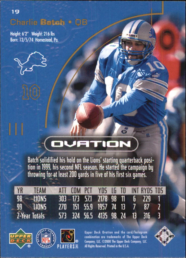 2000 Upper Deck Ovation #19 Charlie Batch back image