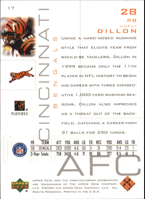 2000 Upper Deck Pros and Prospects #17 Corey Dillon back image