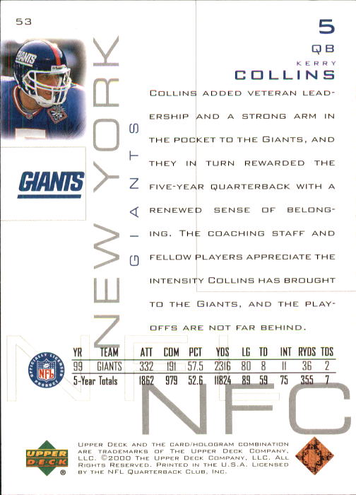2000 Upper Deck Pros and Prospects #53 Kerry Collins back image