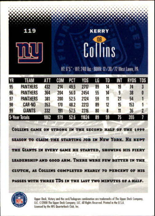 2000 Upper Deck Victory #119 Kerry Collins back image