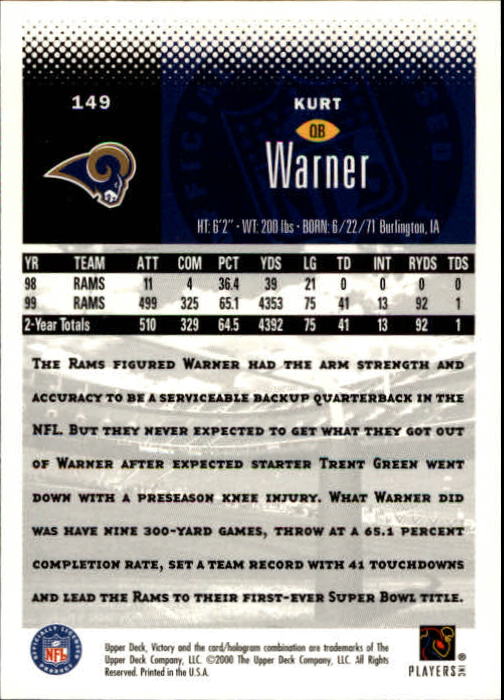 2000 Upper Deck Victory #149 Kurt Warner back image