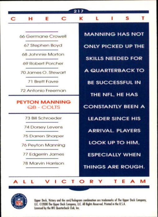 2000 Upper Deck Victory #217 Peyton Manning CL back image