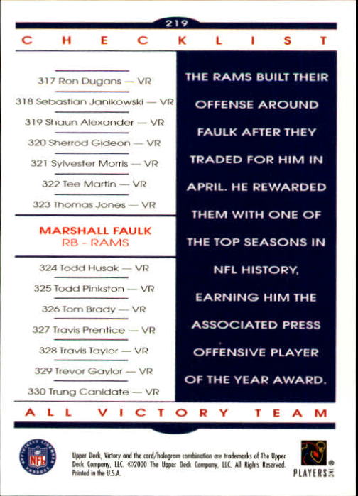 2000 Upper Deck Victory #219 Marshall Faulk CL back image