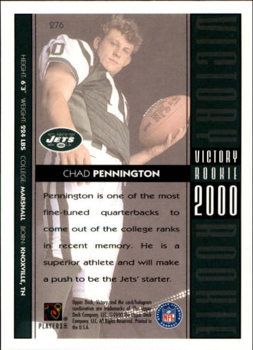 2000 Upper Deck Victory #276 Chad Pennington RC back image