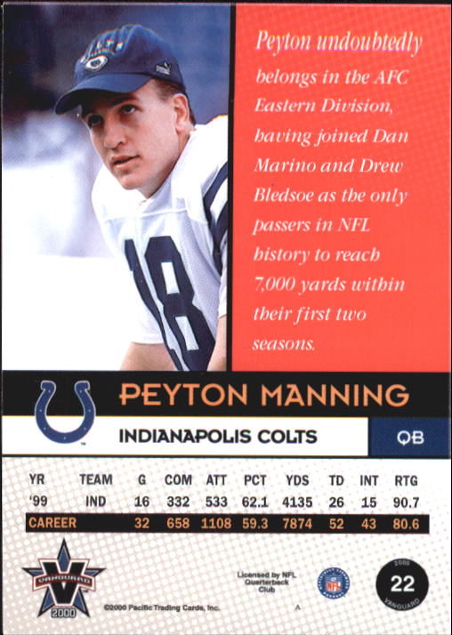 2000 Vanguard #22 Peyton Manning back image