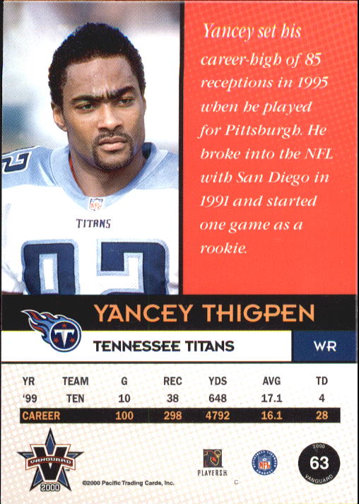 2000 Vanguard #63 Yancey Thigpen back image