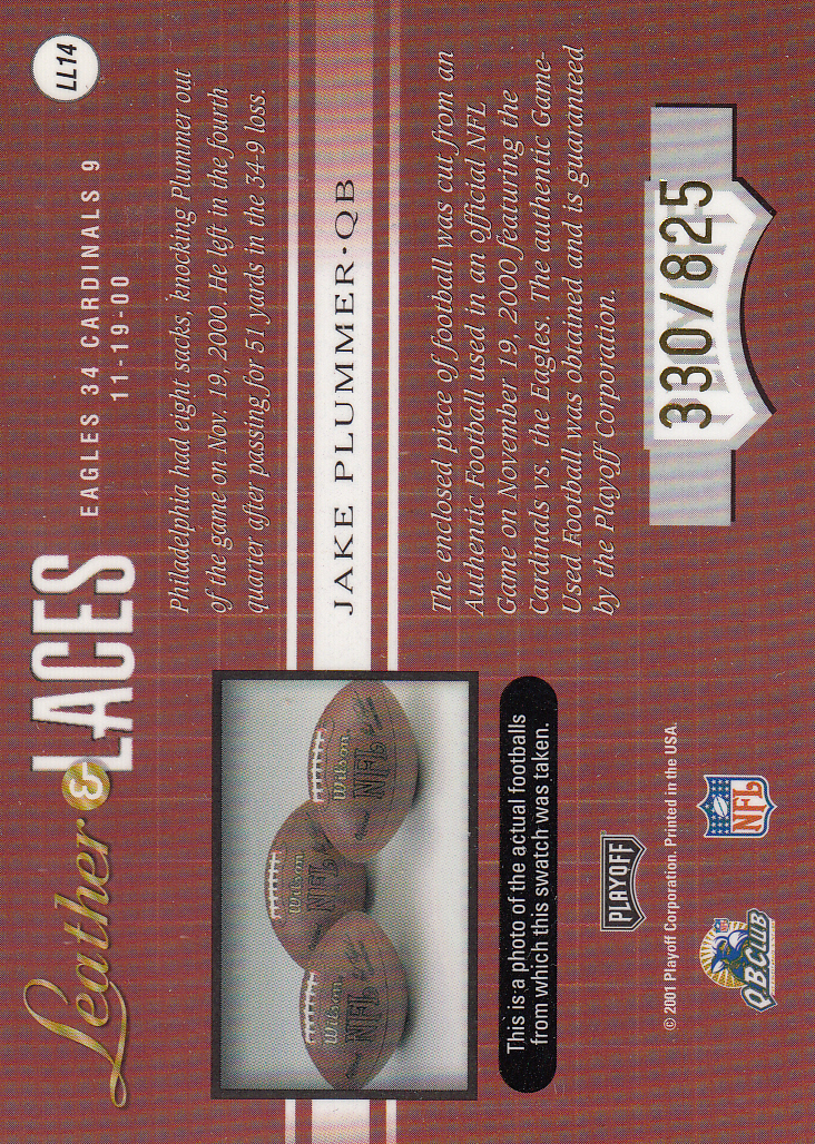 2001 Absolute Memorabilia Leather and Laces #LL14 Jake Plummer back image