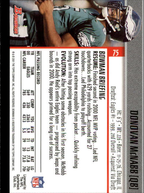 2001 Bowman #75 Donovan McNabb back image