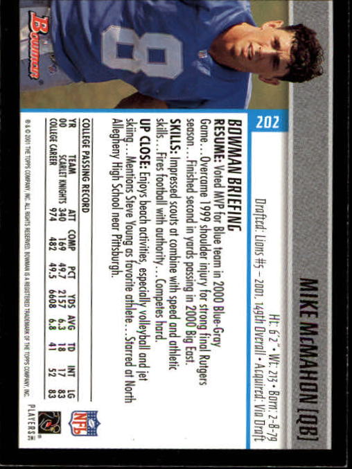 2001 Bowman #202 Mike McMahon RC back image