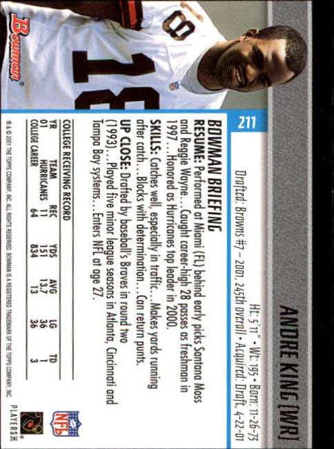 2001 Bowman #211 Andre King RC back image