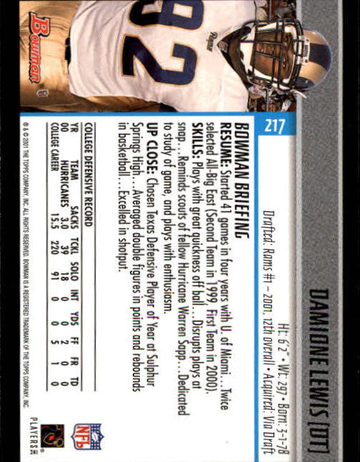 2001 Bowman #217 Damione Lewis RC back image