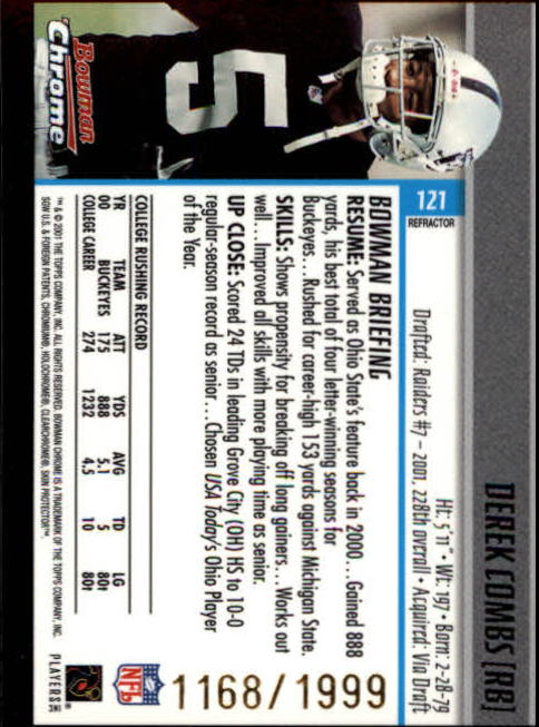 2001 Bowman Chrome #121 Derek Combs RC back image