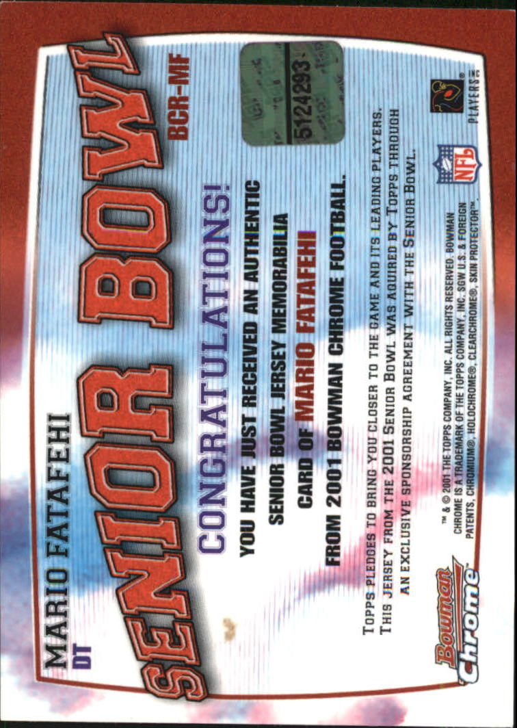 2001 Bowman Chrome Rookie Relics #BCRMF Mario Fatafehi back image