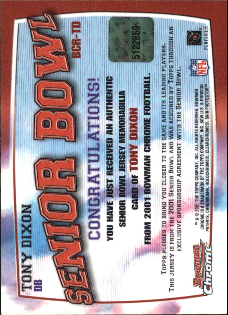 2001 Bowman Chrome Rookie Relics #BCRTD Tony Dixon back image