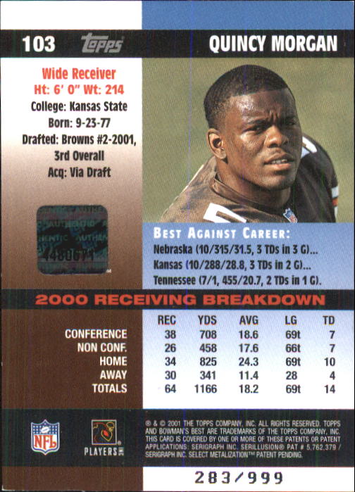 2001 Bowman's Best #103 Quincy Morgan JSY RC back image