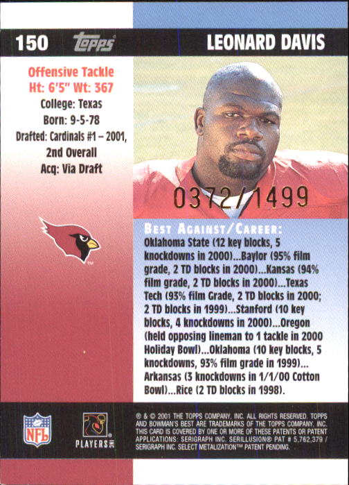 2001 Bowman's Best #150 Leonard Davis RC back image