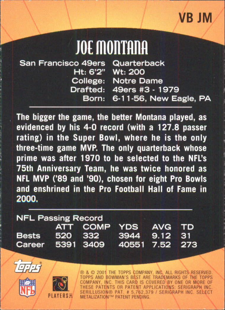 2001 Bowman's Best Vintage Best #VBJM Joe Montana back image