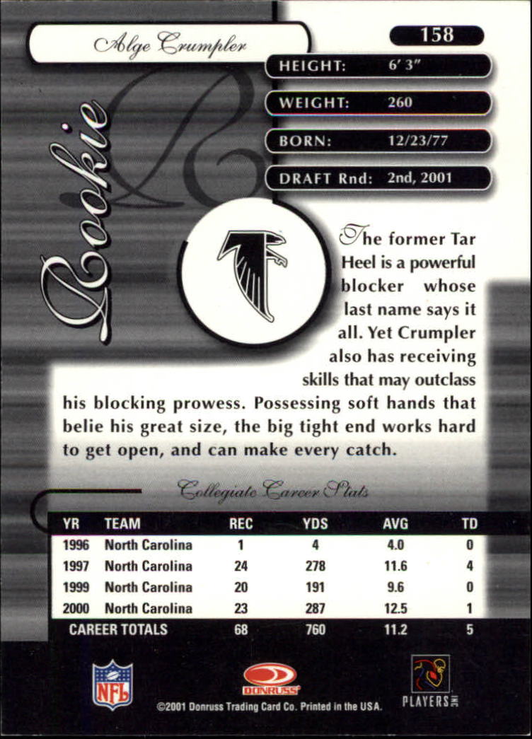 2001 Donruss Elite #158 Alge Crumpler RC back image