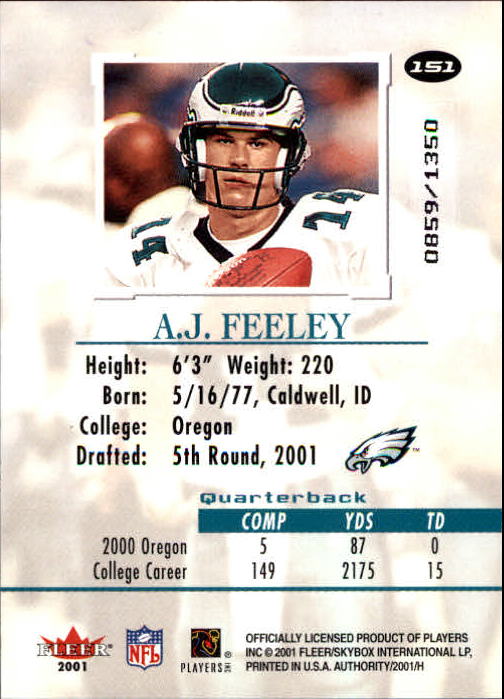 2001 Fleer Authority #151 A.J. Feeley RC back image