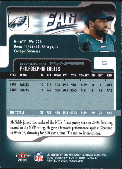 2001 Fleer Focus #5 Donovan McNabb back image