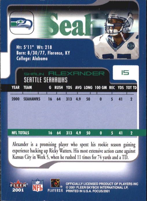 2001 Fleer Focus #15 Shaun Alexander back image