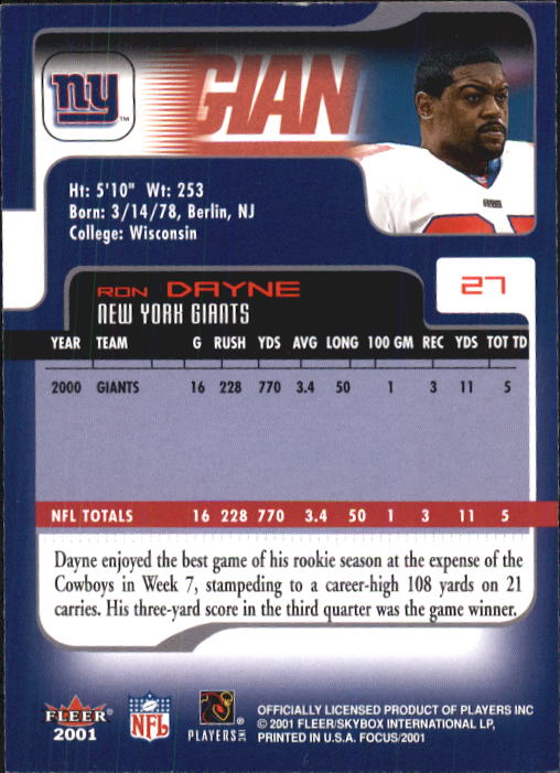 2001 Fleer Focus #27 Ron Dayne back image