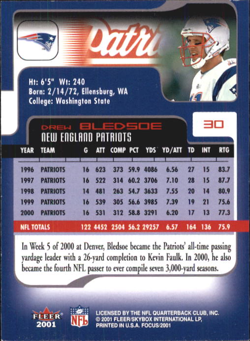 2001 Fleer Focus #30 Drew Bledsoe back image