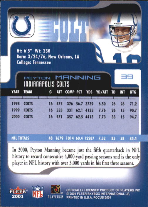 2001 Fleer Focus #39 Peyton Manning back image